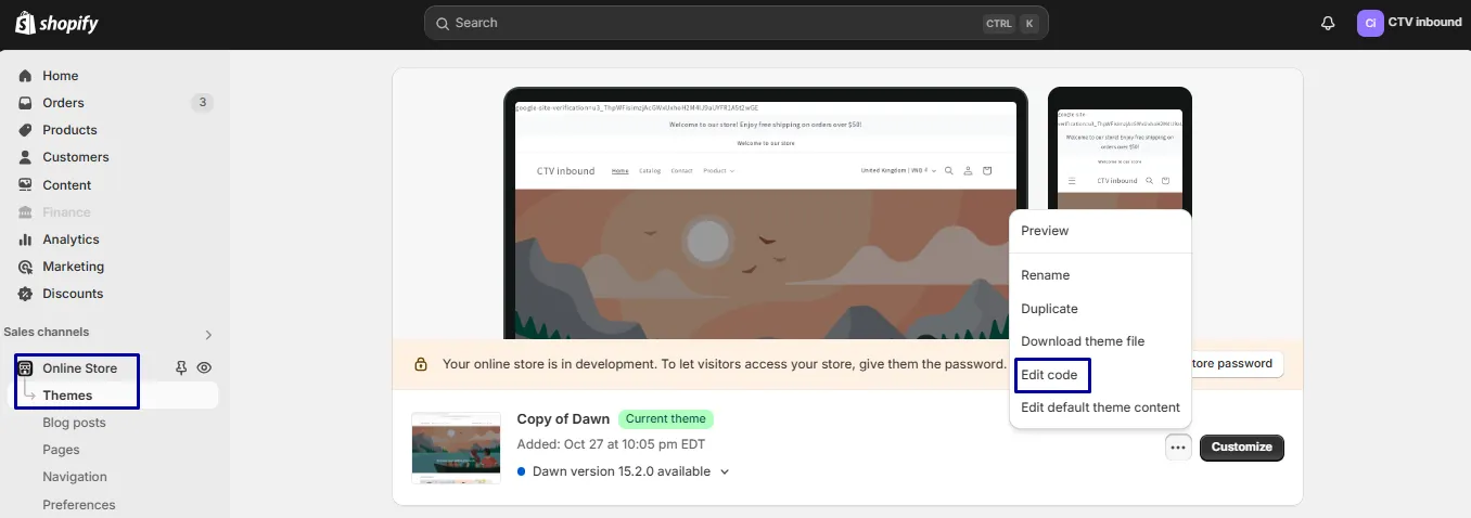 Go to Online Store > Themes > Edit code